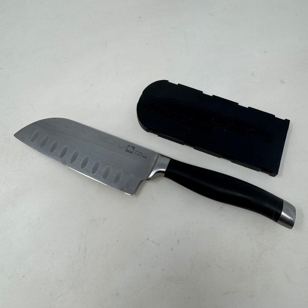 Pampered Chef Santoku Knife German Cr Mo V Steel with Sheath Black Handle 5 Inch